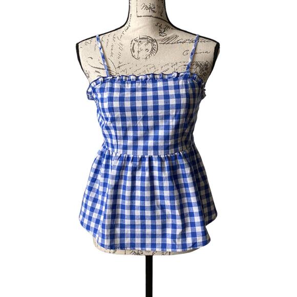 New Love On A Hanger Dazzling Blue White Gingham Smocked Back Tank Top Small - Picture 1 of 8